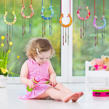 Fennoral 16 Pack Wind Chime Kit for Kids Make Your Own Horseshoe Wind Chime Wooden Arts and Crafts for Girls Boys Ornaments DIY Coloring Horseshoes Craft for Art Activity Birthday Supplies