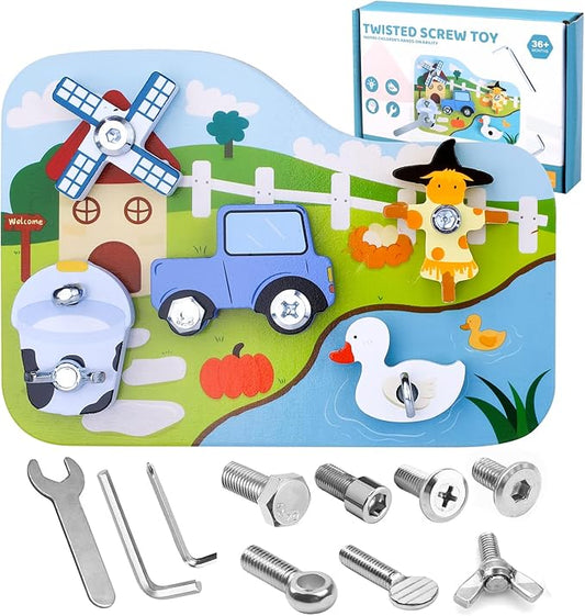 Montessori Screwdriver Board Set - Wooden Montessori Toys for 3 Year Old Kids and Toddlers, Fine Motor Skills Learning, STEM Toys, Gift for Boys and Girls (Farm Series)