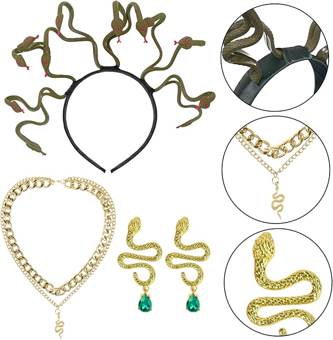 3 Pcs Halloween Snake Headband Medusa Headband Snake Bracelets Funny Gift for Mardi Gras Masquerade Halloween Cosplay Costume Party Supplies