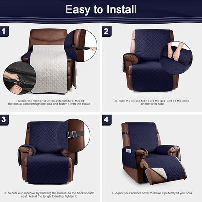 KinCam 100% Waterproof Recliner Chair Cover, Reclining Couch Covers for Pets, Dogs, Recliner Couch Slipcover Furniture Protector with Elastic Straps for Kids(30", Dark Blue)
