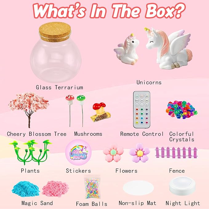 Unicorn Terrarium Crafts Kit for Girls - Make Your OWN Unicorn Night Light with 16 Modes LED Remote Control Birthday Gifts Creativity DIY Toys for Ages 3 4 5 6 7 8 9 10 3-5 4-6 5-7 6-8 Year Old Kids