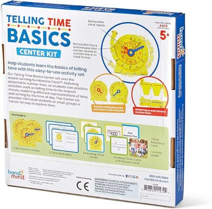 hand2mind Telling Time Basics Center Kit, NumberLine Learn to Tell Time Activity Set, Telling Time Teaching Clock Activities, Analog Classroom Clock for Kids, Math Manipulatives for Elementary School