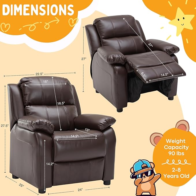 JC Home Macaron Kids Reclining Chair Leather Recliner Sofa Toddler Youth Children Child Ages 2-8