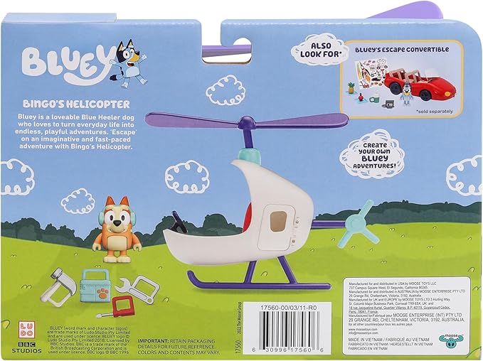 Bluey Vehicle and Figure Pack Bingo's Helicopter with 2.5 Inch Bingo Figure and Tool Accessories