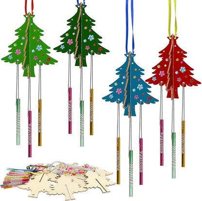 6 Pack Wind Chime Kit for Kids,Christmas Craft Kits DIY 3D Christmas Tree Wind Chime Unfinished Wooden Xmas Tree Ornaments for Boys Girls Activity Art Project Decor