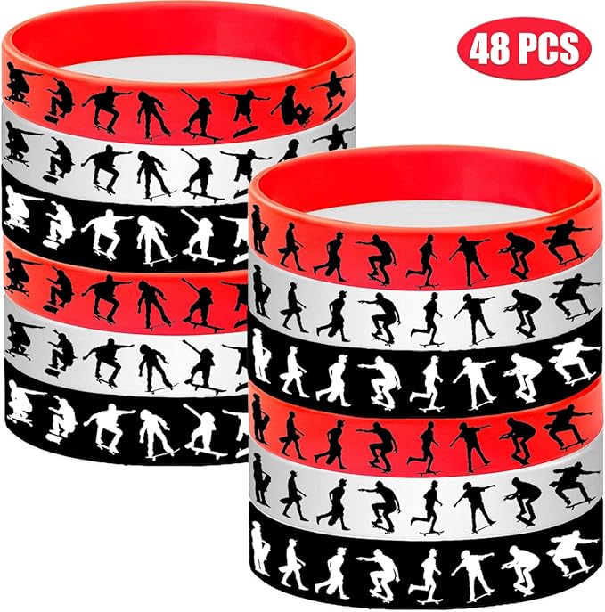 48PCS Skateboard Rubber Bracelets Sport Silicones Wristbands Party Supplies-Skateboard Themed Party Decorations Birthday Baby Shower Party Favors