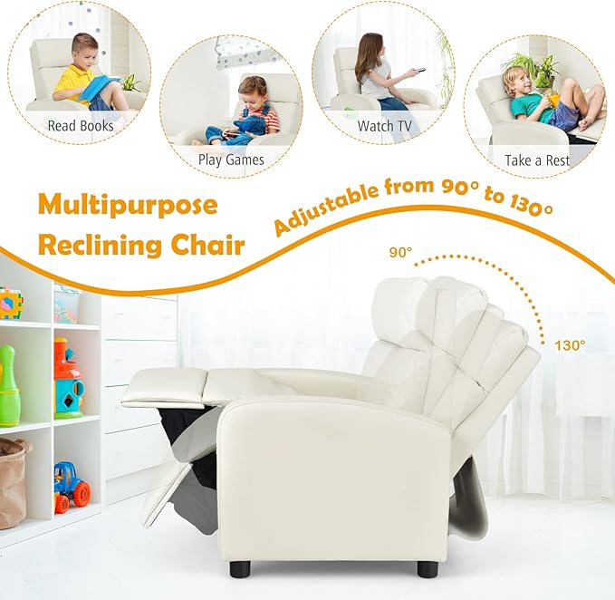Costzon Kids Recliner, Adjustable PU Leather Lounge Chair w/Side Pockets, Footrest, Headrest for Kids Room & Play Room, Easy to Clean, Padded Recliner Sofa for Children Boys Girls Aged 3-12 (Beige)