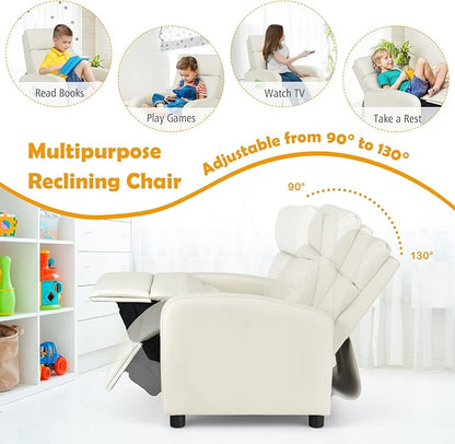Costzon Kids Recliner, Adjustable PU Leather Lounge Chair w/Side Pockets, Footrest, Headrest for Kids Room & Play Room, Easy to Clean, Padded Recliner Sofa for Children Boys Girls Aged 3-12 (Beige)