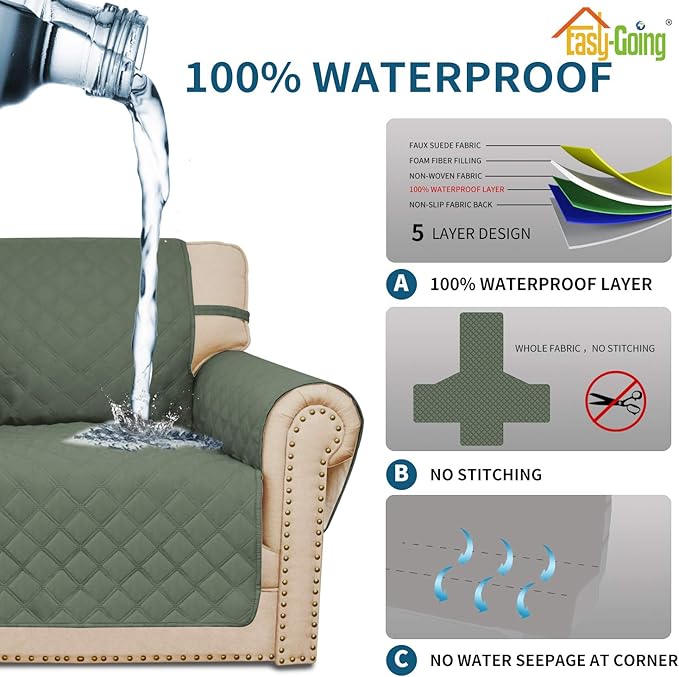Easy-Going Sofa Slipcover Loveseat Cover Waterproof Couch Cover Washable Sofa Cover for 2 Cushion Couch Non-Slip Fabric Furniture Protector with Pocket for Pets Kids Dog Cat (Loveseat, Greyish Green)