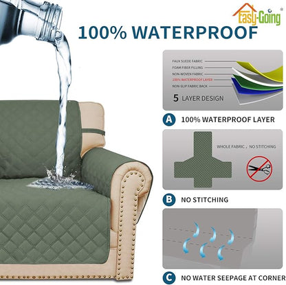 Easy-Going Sofa Slipcover Loveseat Cover Waterproof Couch Cover Washable Sofa Cover for 2 Cushion Couch Non-Slip Fabric Furniture Protector with Pocket for Pets Kids Dog Cat (Loveseat, Greyish Green)