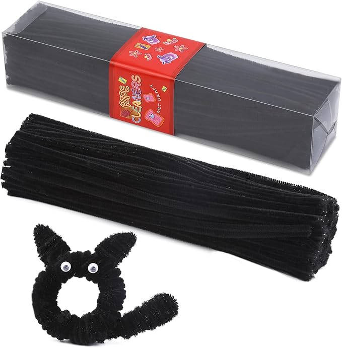 LOKUNN Pipe Cleaners, 200 Pcs Black Pipe Cleaners Craft Set, Solid Color Chenille Stems, DIY Arts and Crafts with Adhesive Eyes and Storage Box, Christmas Mother's Day Decoration Art Supplies