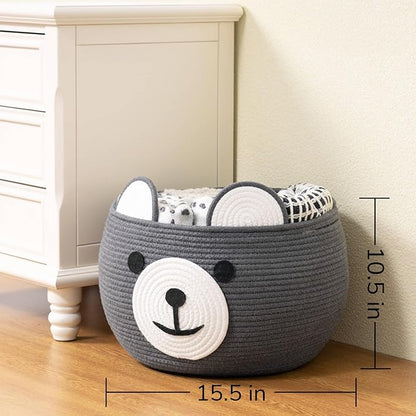 CherryNow Cotton Rope Baby Cute Storage Basket for Organizing, Toy Woven Rope Bear Basket for Kids, Empty Gift Baskets with Handles, Grey, 15.7" D x 10.5" H