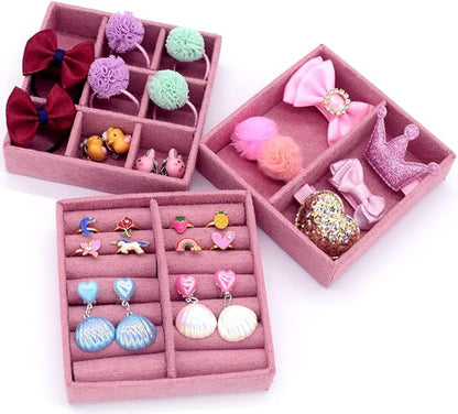Little Girl Kids 3 Layer Lint Jewelry Box with Mirror and 35 Pieces Girl Princess Jewelry Dress Up Accessories Toy Playset Set