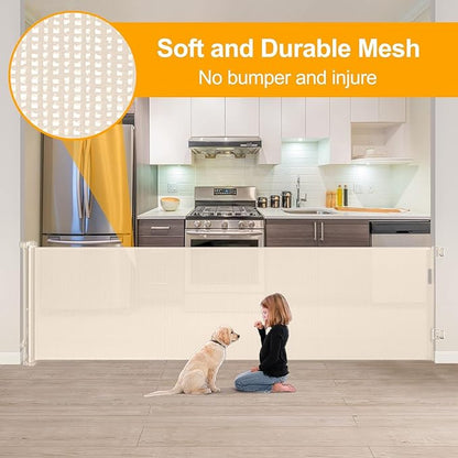 140 Inch Extra Wide Baby Gate Retractable Dog Gates for The House Extra Wide Dog Gates Extra Long Baby Gates Extra Large Dog Gates for Large Openings Outdoor Indoor Retractable Baby Gates (Beige)