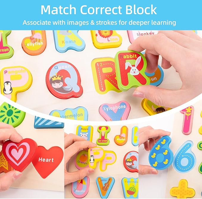 Wooden Alphabet Number Shape Learning Puzzles for Toddlers, 3 in 1 ABC Letter Puzzle Board Set for Kids Ages 3-5 Educational Alphabet Learning Toys for Preschoolers Boys Girls Gifts