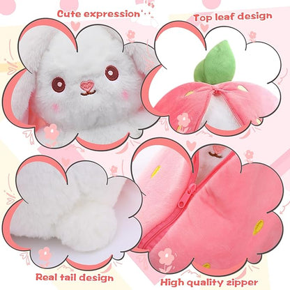 MIAODAM Cuddly Bunny Stuffed Animal, Kawaii Squishy Cute Easter Bunny Plush Turn Into Rabbit Fruit Doll Carrot Strawberry Pillow, Plushies Funny Bunny Toy for Baby