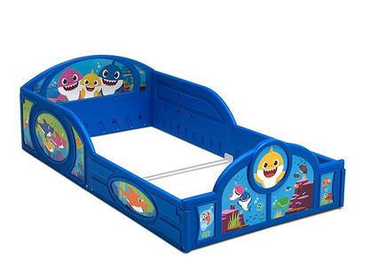 Baby Shark Plastic Sleep and Play Plastic Toddler Bed with Attached Guardrails by Delta Children, Blue
