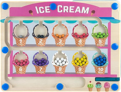 Montessori Toys for 3+ Year Old, Ice Cream Magnetic Color and Number Maze, Wooden Puzzle Activity Board, Learning Educational Toy for Toddler 3 4 5, Toys Idea Christmas Boy Girl