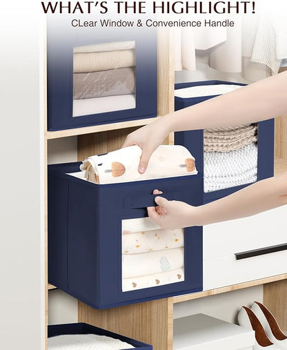 Homsorout Storage Cube 11 Inch - Cube Storage Bins with Window, Closet Storage Baskets with Handle, Fabric Bins for Closet, Shelves, Toys, Clothes, Set of 10, Navy Blue