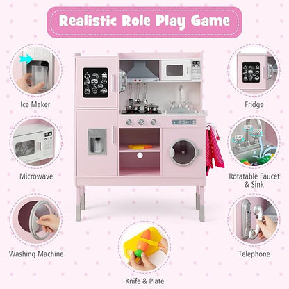 KOTEK Play Kitchen with Lights and Sounds, Wooden Toddler Kitchen Playset with Ice Maker, Washing Machine, Range Hood, 16 Pcs Toy Food & Cookware, Gift Chef Pretend Kitchen Set for Kids (Pink)