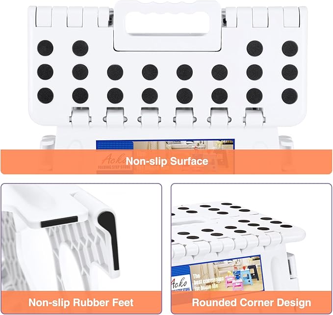 ACKO 6pack Folding Step Stool 17.5 Inch Stool 400 LB Weight Capacity Plastic Foldable Step Stools for Adults and Kids, Folding Stool Suitable for Kitchen, Stepping Stool with Handle White Step Stool