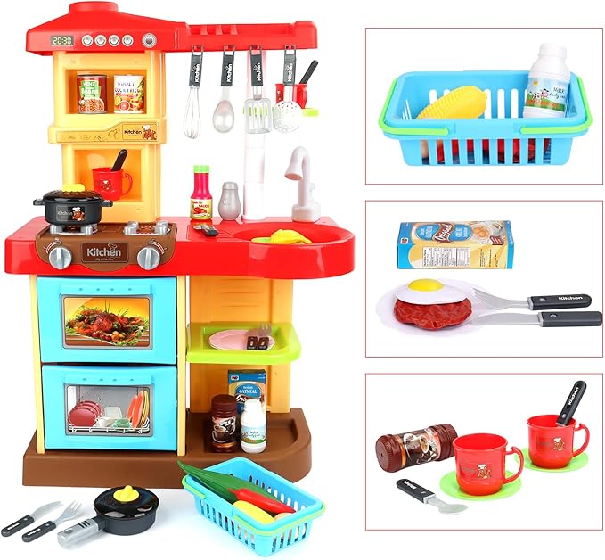 deAO Kitchen Playset Toy Pretend Food with Sounds and Lights Role Playing Game Pretend Food and Cooking Playset for Toddlers,Kitchen Toys for Boys Girls