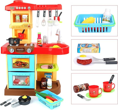 deAO Kitchen Playset Toy Pretend Food with Sounds and Lights Role Playing Game Pretend Food and Cooking Playset for Toddlers,Kitchen Toys for Boys Girls