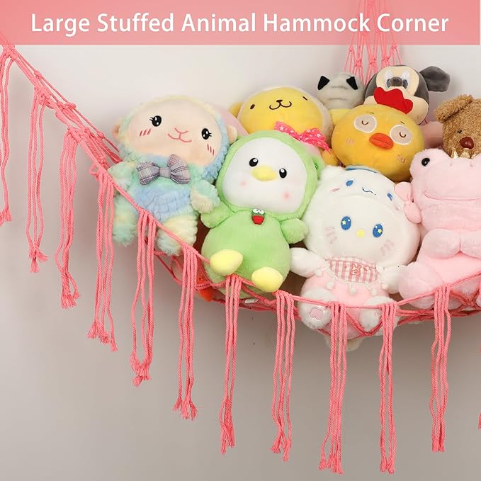 Boho Stuffed Animals Net or Hammock Large,55 inch Toy Hammock Macrame Stuff Animal Storage Corner Hanging Net Holder,Mesh Hammock Plush Toy Organizer with Hooks for Bedroom,Nursery (Pink)