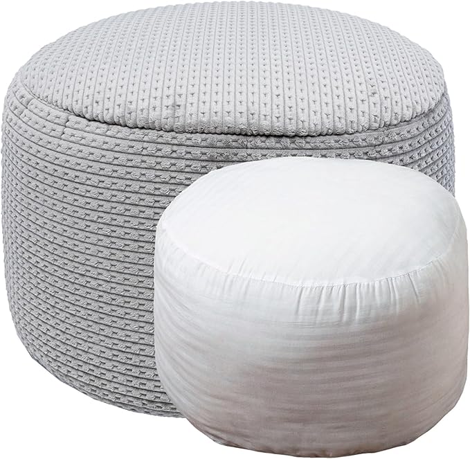 Pouf Ottoman Stuffed 20x20x12 Inches Floor Pouf Plush Fiber Ottoman Foot Rest Under Desk Foot Stool for Living Room Bedroom (Gray Pouf with Filler)