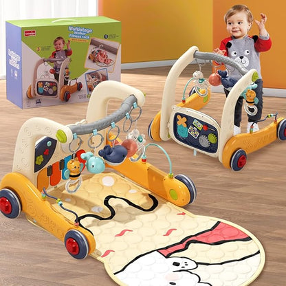 Baby Play Mat Gym,4-in-1 Kick and Play Piano Tummy Time Mat Learning Walker-Musical Activity Center with Lights Seat and Push Walkers Ideas for Baby Newborn 6-12 18 Months Boy Girl