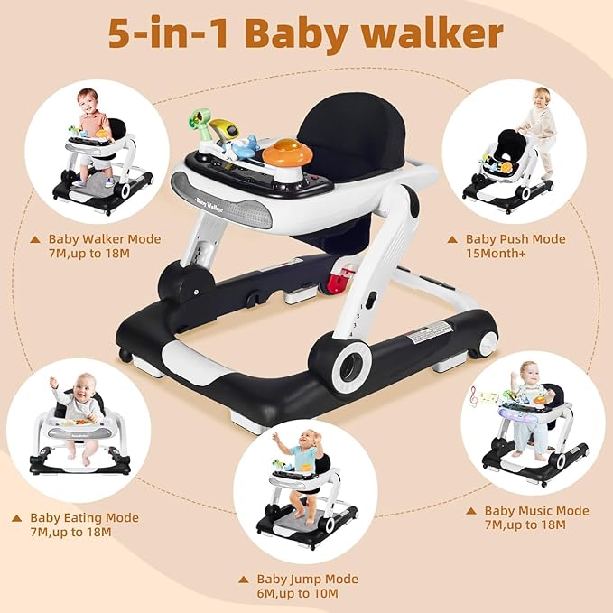 5-in-1 Baby Walker with Wheels, Baby Walkers for Boys Girls 6-18 Months, Foldable Adjustable Walker with Bouncer, Feeding Tray, Music & Detachable Footrest(Black)