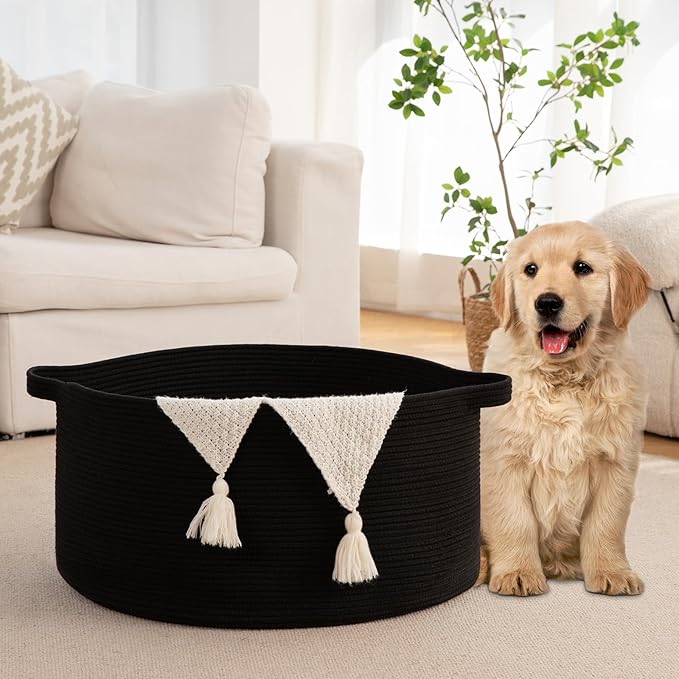 OIAHOMY 90L Blanket Basket for Living Room, Large Basket 23" x 23" x 13" with Handle, Laundry Hamper for Blankets, Pillows, Toy Storage for Kids, Dogs - Black