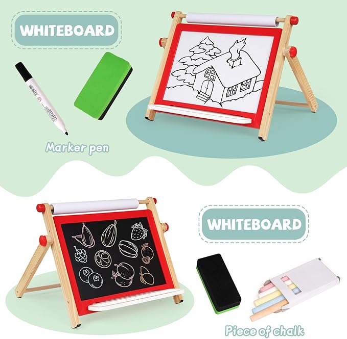 Kids Art Easel, Tabletop Easel for Kids,Wooden Double Sided Kids Easel with Magnetic Whiteboard,Chalkboard and Paper Roll,Great for Girls Boys Ages 3 4 5 Gift