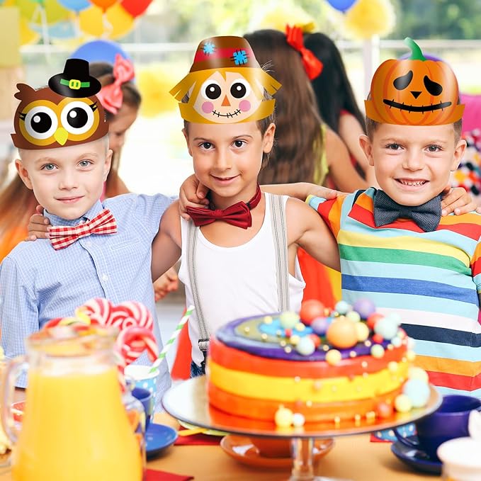 chiazllta 24 Packs Fall Crown Craft Kits for Kids Thanksgiving Pumpkin Turkey Headband Autumn DIY Art Craft Sticker Set Preschool Home Classroom Game Activities Party Favors