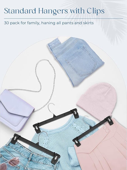 Smartor Space Saving Heavy Duty Hangers - 180 Pack, Slim Plastic Pants and Shorts Hangers, Ridged Non-Slip with Pinch Clips, 360-Rotating Chrome Swivel Hook, Black, 10 Inches