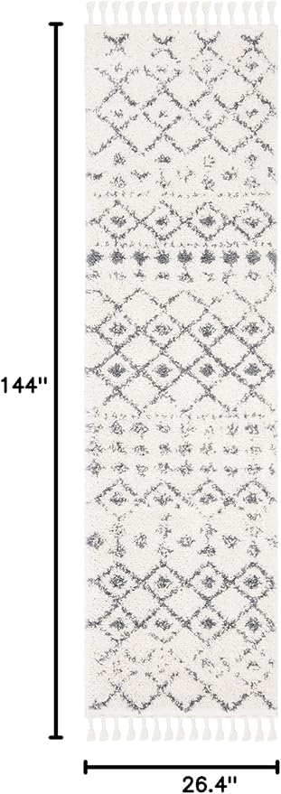 SAFAVIEH Berber Fringe Shag Collection 2'2" x 12' Cream / Dark Grey BFG516A Moroccan Non-Shedding Living Room Bedroom Dining Room Entryway Plush 1.2-inch Thick Runner Rug