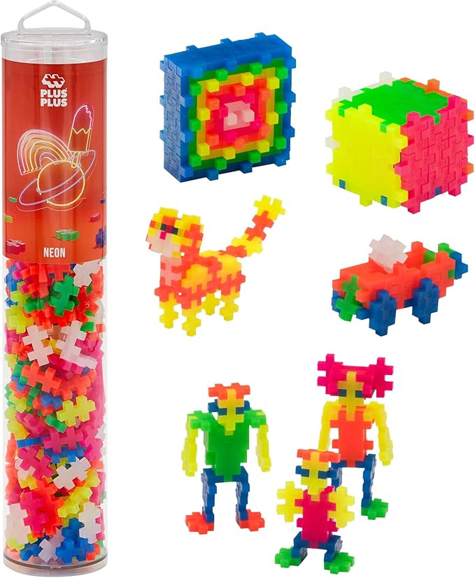 PLUS PLUS 240 Piece Interlocking Building Blocks for Kids, Open Ended Connecting Toys, STEM Bin Classroom Mini Manipulatives - Neon Mix Play Tube