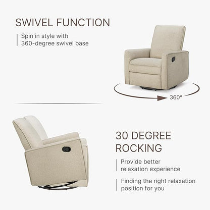 Upholstered Recliner Swivel Glider Nursery Chair Reclining Performance Fabric Rocker with Metal Base,Basketweave,Oat