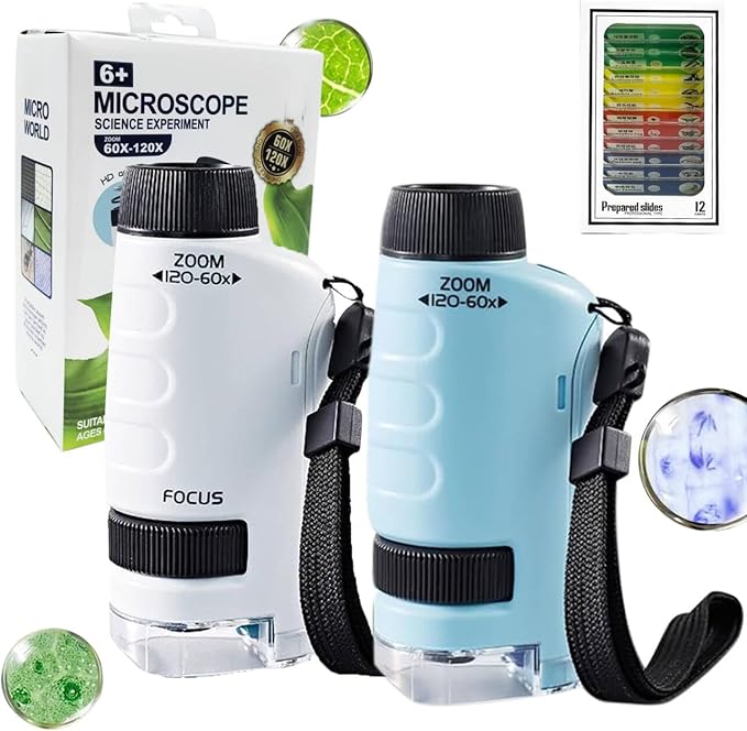 2PC Mini Microscope for Kids,Little Marvin Microscope,Little Scientist Microscope Mini Microscope for Kids,Portable Handheld Education Science Experiment Set Toys(White+Blue)
