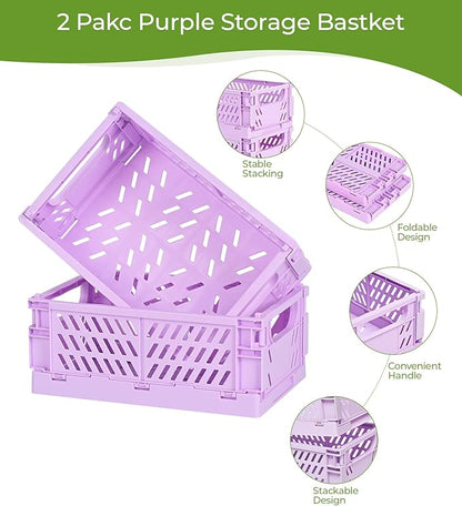 HUUSMOT 2-Pack Small Pastel Plastic Storage Baskets, Collapsible Crates for Organizing, Space-Saving Mini Bins for Classroom, Kitchen, Office, Bedroom (Purple, 9.8" x 6.5" x 3.8")