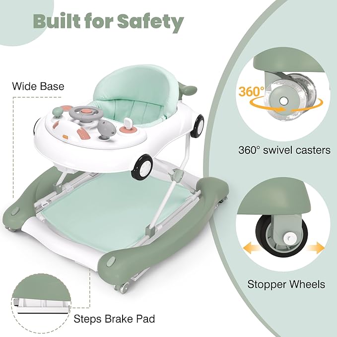 5-in-1 Convertible Baby Walker with Steering Wheel Music Activity Center – Infant Rocker, Jumper, Push Walker, Bouncer & Feeding Foldable Walker for Ages 6-18 Months Boys Girls (Mint)
