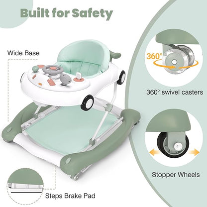 5-in-1 Convertible Baby Walker with Steering Wheel Music Activity Center – Infant Rocker, Jumper, Push Walker, Bouncer & Feeding Foldable Walker for Ages 6-18 Months Boys Girls (Mint)