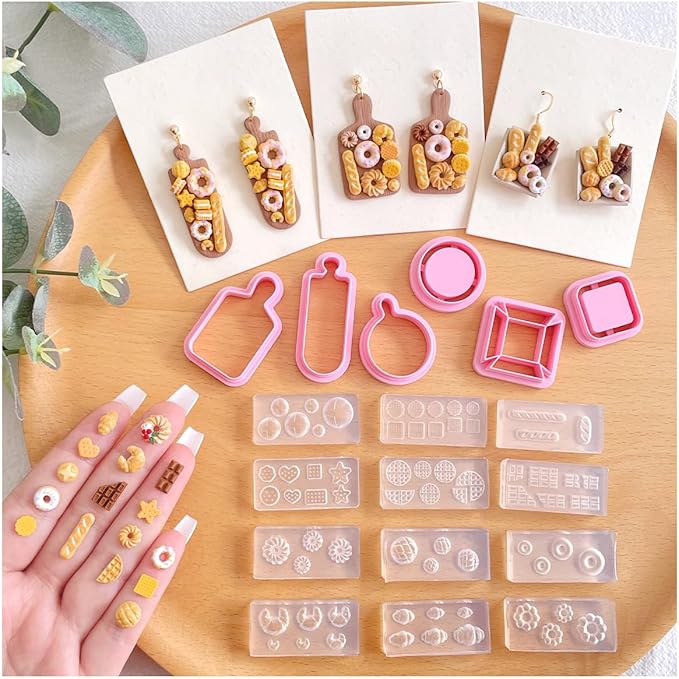KEOKER Dessert & Bread Polymer Clay Molds & Charcuterie Boards Clay Cutters, Clay Silicone Molds, 6 Shapes Polymer Clay Cutters, 12pcs Earring Molds for Polymer Clay, Polymer Clay Molds for Jewelry