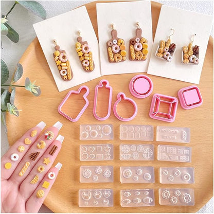 KEOKER Dessert & Bread Polymer Clay Molds & Charcuterie Boards Clay Cutters, Clay Silicone Molds, 6 Shapes Polymer Clay Cutters, 12pcs Earring Molds for Polymer Clay, Polymer Clay Molds for Jewelry