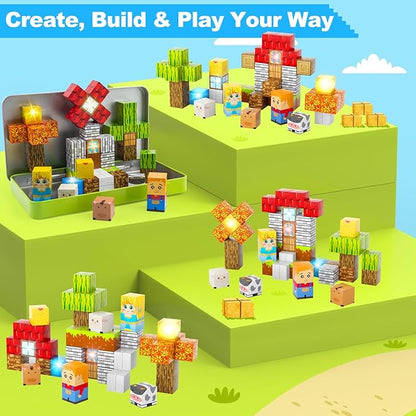 Aywewii Magnetic Blocks 45 PCS Travel Toys for Kids Ages 3-5, Toddler Magnetic Building Cubes STEM Learning Set with Iron Case - Portable Building Toys Gift for Boys and Girls (Farm Edition 1)