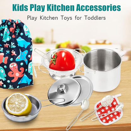 Tiny Cookware Utensils Pretend Play Kitchen Toys Stainless Steel Cooking Set Toys Montessori Kitchen Playset Kids Pots and Pans Playset,Play Kitchen Cooking Toys Kitchen Accessories for Kids Toddlers