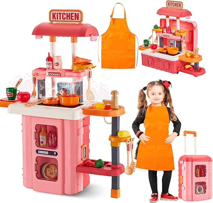 3 in 1 Play Kitchen for Toddlers-GEIYATOI,Kids Kitchen Playset with Travel Suitcase, 50 PCS Toy Kitchen Set,Realistic Cooking Accessories,Sounds,Light,Running Water,Great Kitchen Set for Toddlers