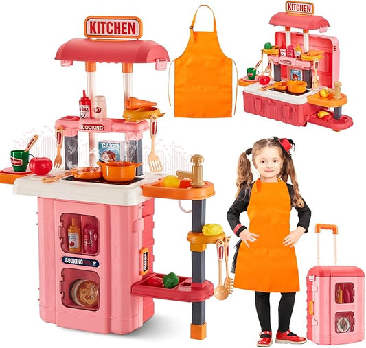 3 in 1 Play Kitchen for Toddlers-GEIYATOI,Kids Kitchen Playset with Travel Suitcase, 50 PCS Toy Kitchen Set,Realistic Cooking Accessories,Sounds,Light,Running Water,Great Kitchen Set for Toddlers