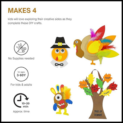 4E's Novelty Thanksgiving Craft for Kids (Makes 4) Includes - Thankful Tree, Turkey Plate Craft, Pilgrim Magnet, Turkey Monster - Foam Craft Dinner Activity for Toddlers, Kids, Adults