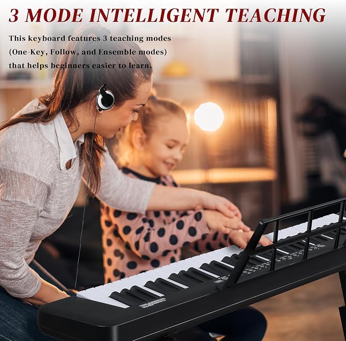 Ktaxon 61 Key Keyboard Piano Electric Keyboard w/Lighted Keys, Electric Piano Set with Headphones, Microphone, Music Rest, Power Adapter, Stand, Piano Bench and Manual (Compact-Classic Black)